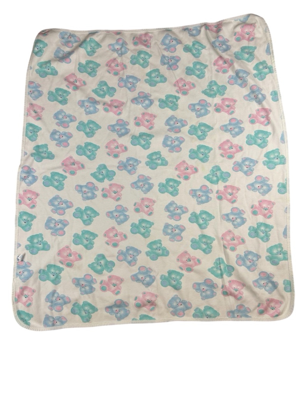 Vintage 90s Carter’s Teddy Bear Baby Blanket Pastel Blue Pink Green 100% Cotton